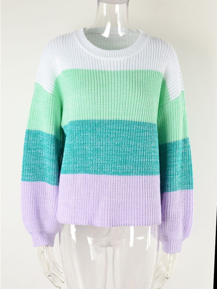 Fashion Woman Blouse 2023 Patchwork Contrast Loose Sweater Pullover Stylish Casual Crewneck Knitted Jumper Streetwear Knitwear - - DYAVOR®