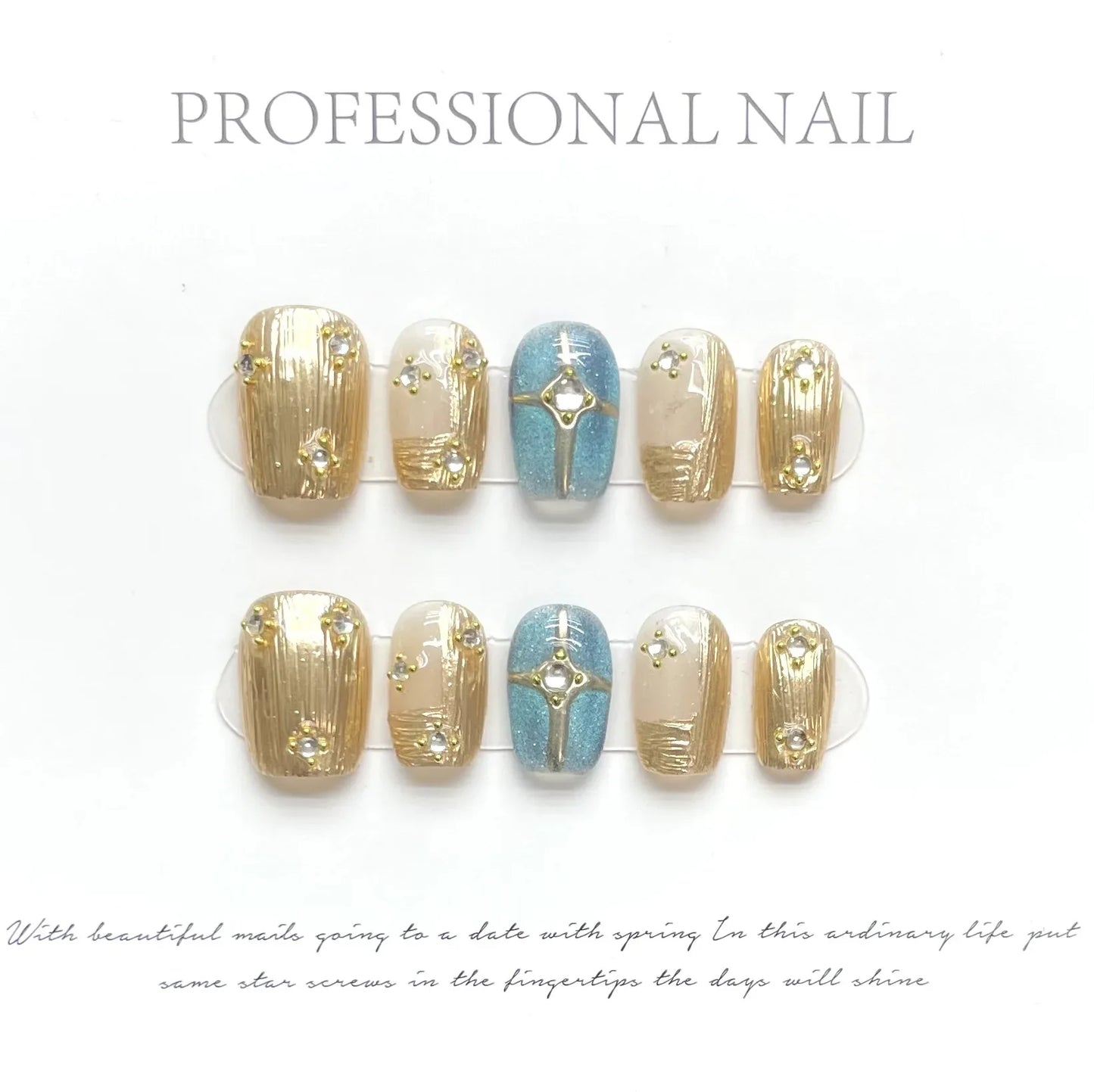 10Pcs Short Gold Handmade Press on Nails Moon Ballet Wearable Rhinestones False Nails Glitter Decoration Manicure Nail Tips Art - - DYAVOR®