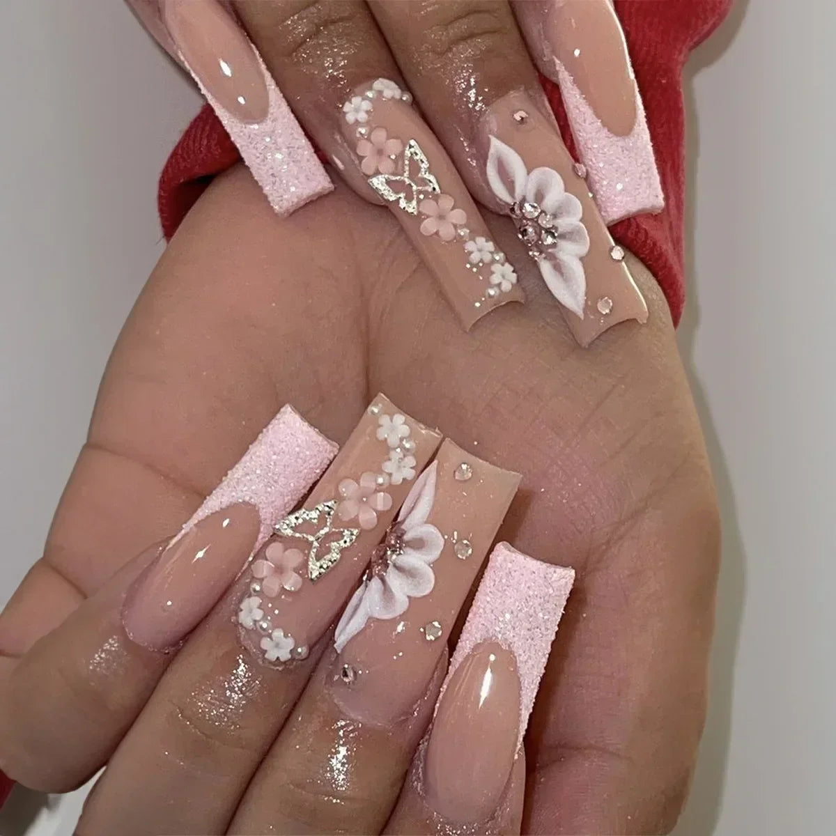 24Pcs Pink Bow Design False Nails Long Ballet Press on Nails with Pearl Wearable Coffin Fake Nails French Square Finger Nail - - DYAVOR®