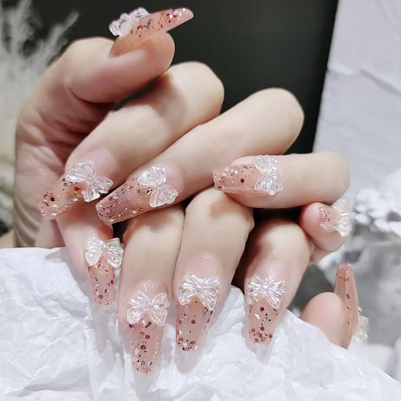 Autumn French False Nails with Butterfly Pearl Decor Bride Fake Nail Wearable Press on Nails Coffin Ballet Nail Tips for Girls - - DYAVOR®