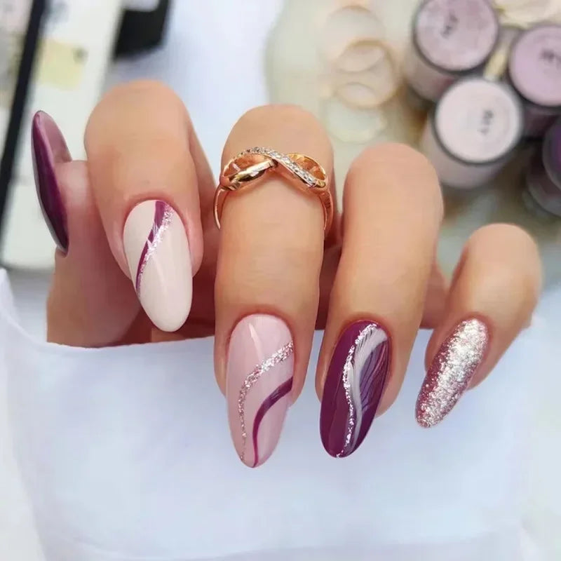 24Pcs White Aurora Almond False Nails Simple with French Design Wearable False Nails Glitter Full Cover Press on Nails Tips Art - - DYAVOR®