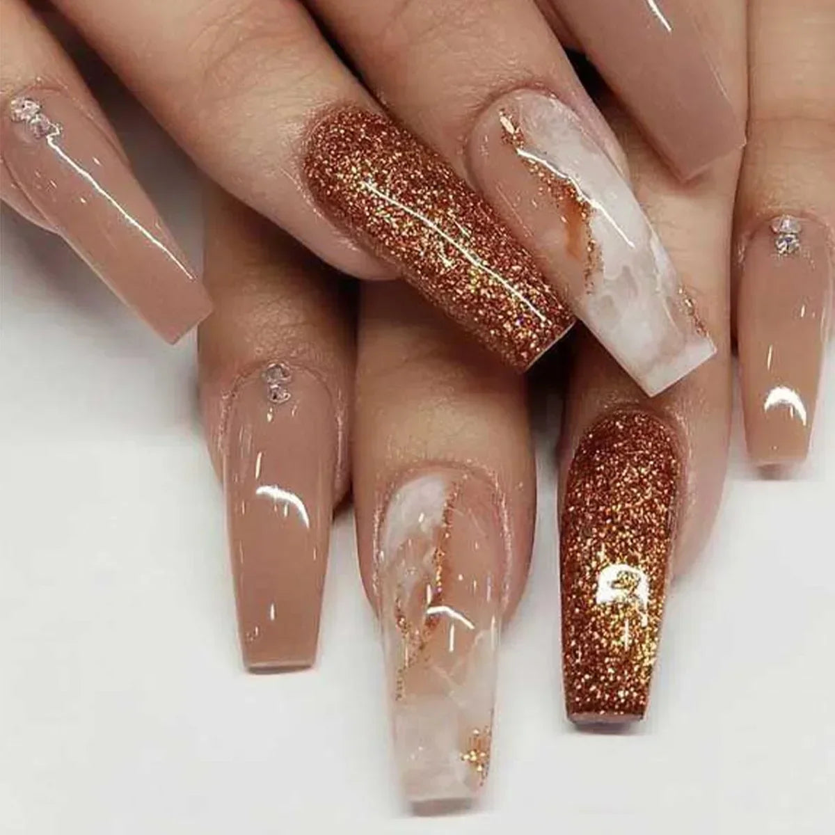 24pcs removeable false nails with glue Gradient Shinny brown coffin glitter Ballet press on nails long full cover fake nails tip