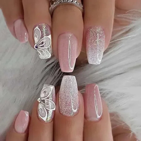 24pcs removeable false nails with glue Gradient Shinny brown coffin glitter Ballet press on nails long full cover fake nails tip