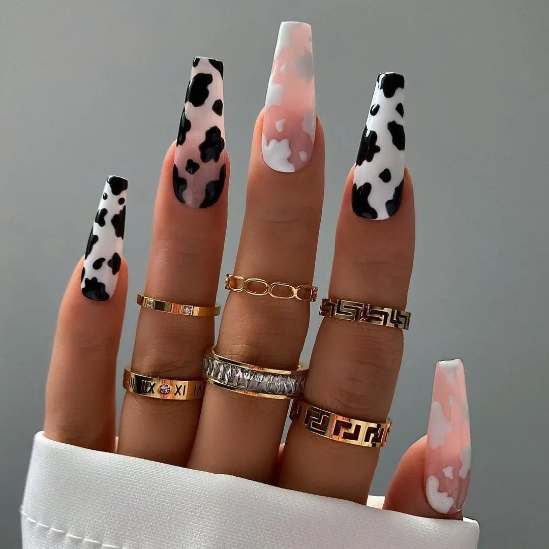 Coffin False Nails Black and White Spotted Cow Pattern Detachable French Ballerina Fake Nails Full Cover Press On Nails Tips - - DYAVOR®