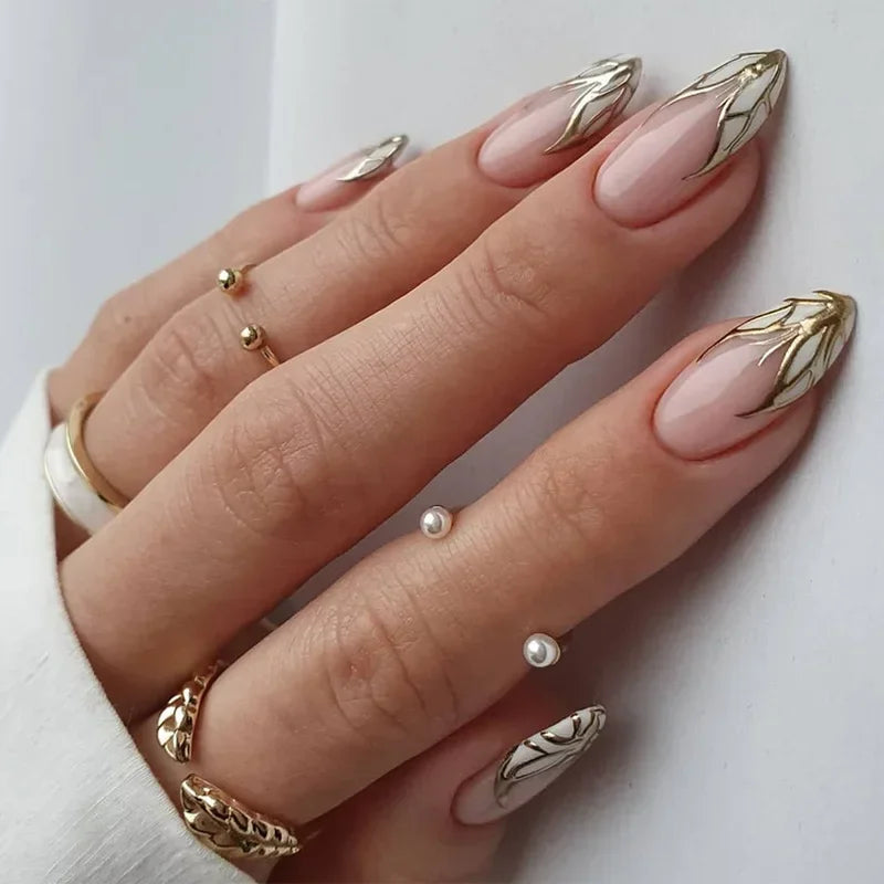 24Pcs French Almond False Nails Glitter with Rhinestones Wearable Fake Nails Artificial Simple Full Cover Press on Nails Tips - - DYAVOR®