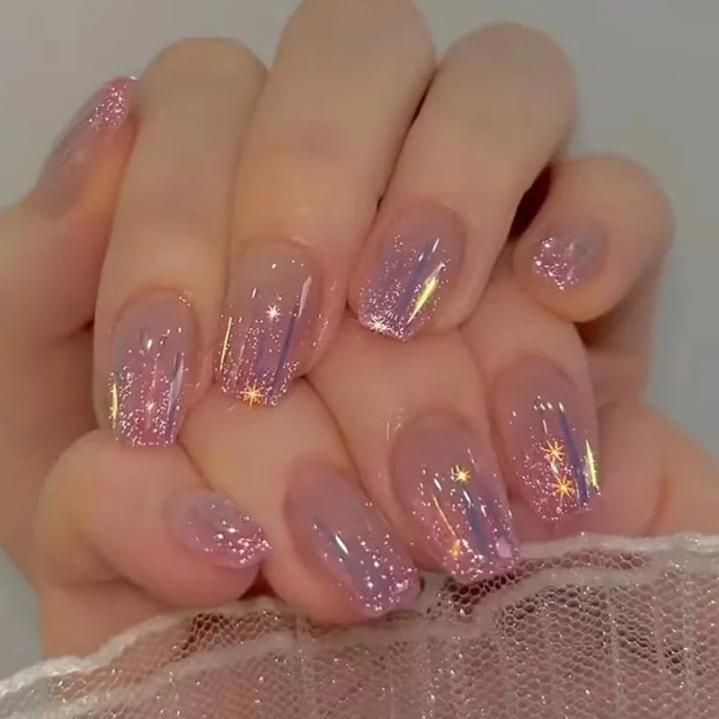 24pcs removeable false nails with glue Gradient Shinny brown coffin glitter Ballet press on nails long full cover fake nails tip - - DYAVOR®