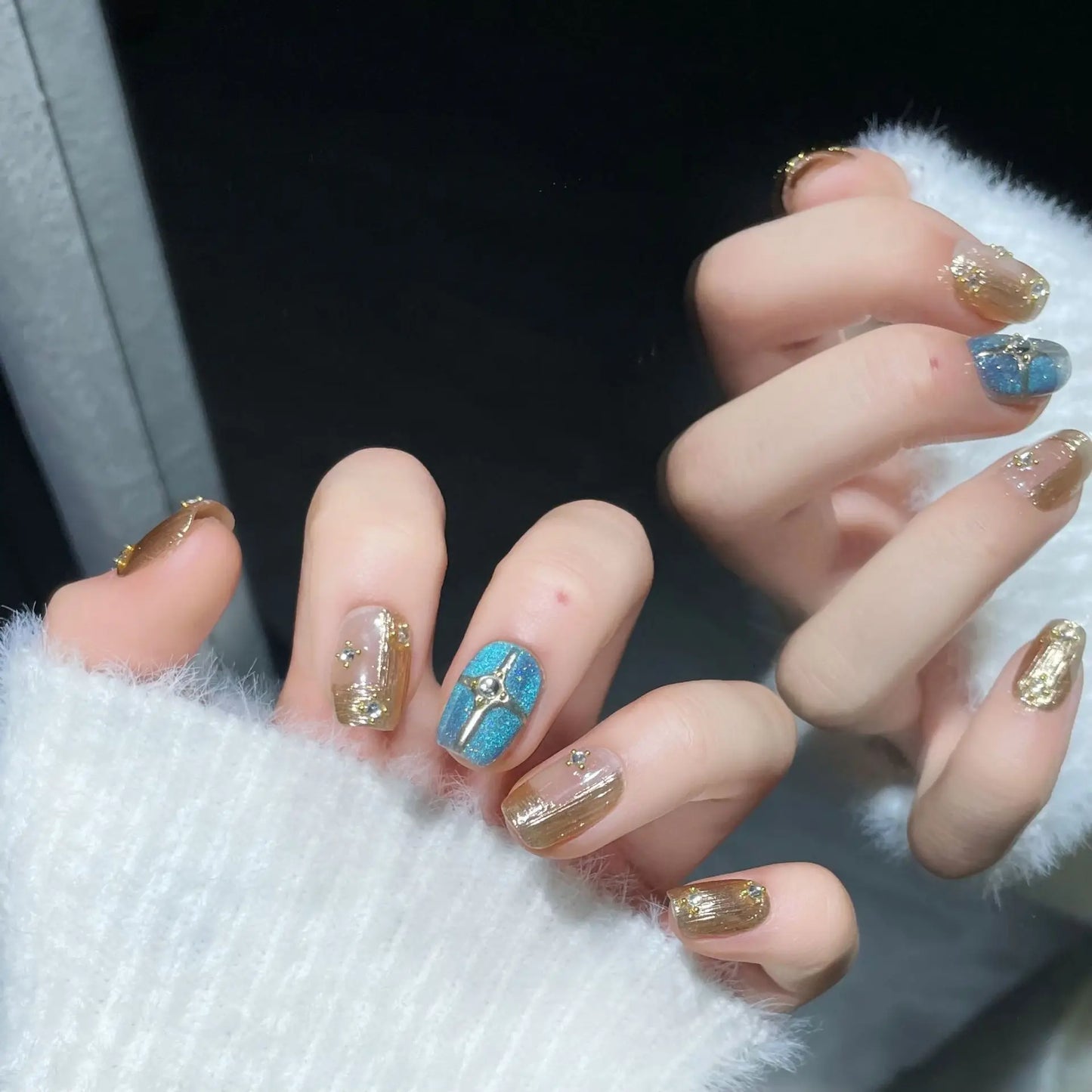 10Pcs Short Gold Handmade Press on Nails Moon Ballet Wearable Rhinestones False Nails Glitter Decoration Manicure Nail Tips Art - - DYAVOR®
