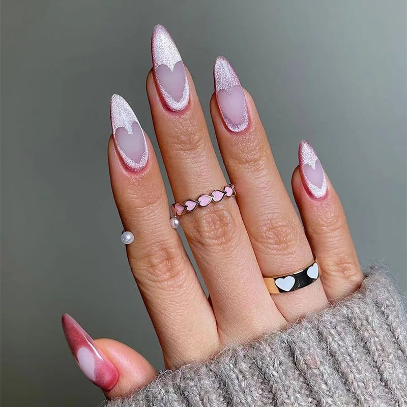 24Pcs Frosting False Nail almond with Golden Glitter Designs French Rhinestone Manicure Stiletto Fake Nails Set Press on Nails - - DYAVOR®