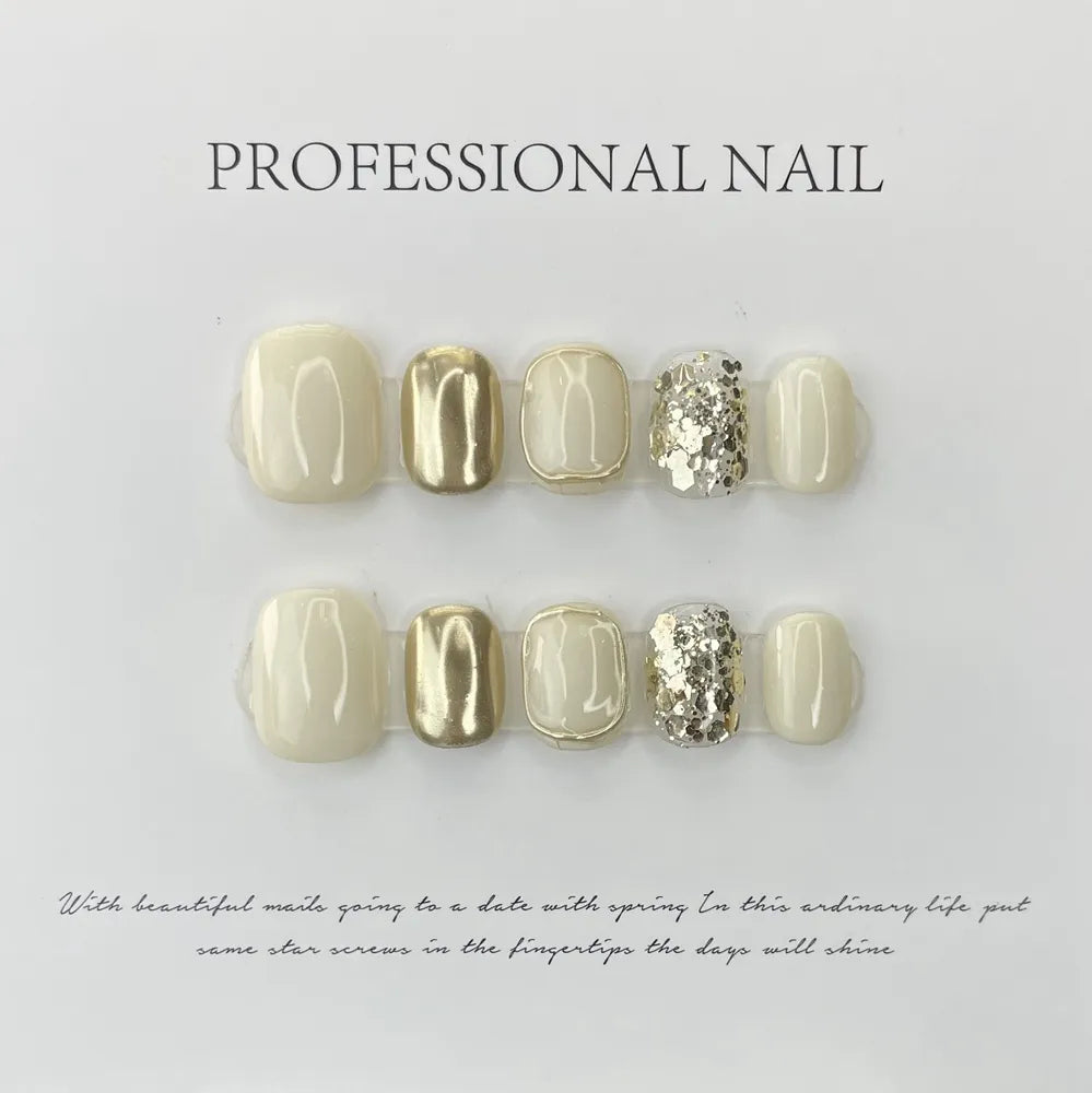 Handmade White Luxury Press on Nails Reusable Adhesive False Nails with Glitter Design Artifical Nail Tips Nail Art for Girls - - DYAVOR®
