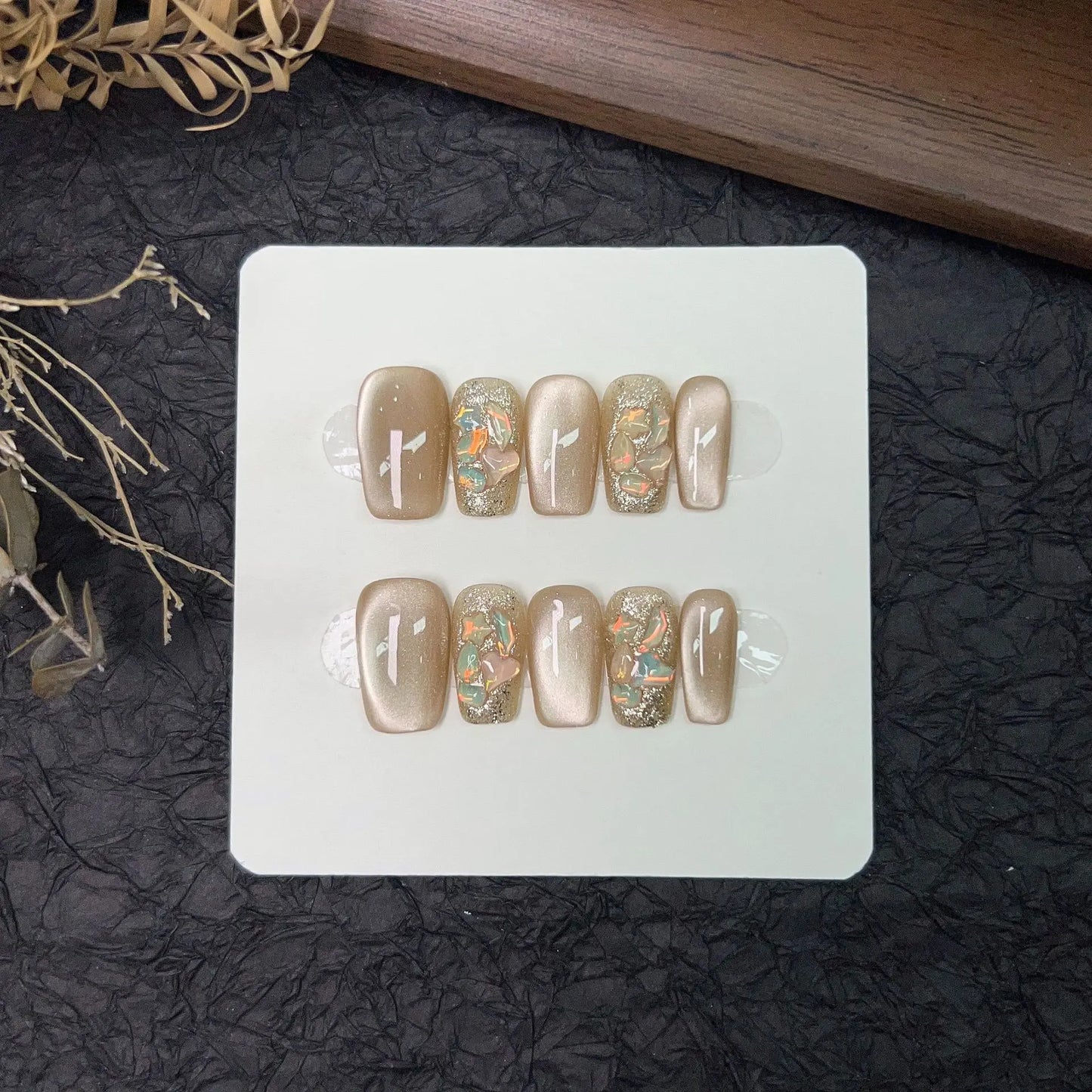 10pcs Nude Cat Eye Handmade False Nails Short French Ballet Ribbon Pearl Design Fake Nail Full Cover Press On Acrylic Nail Tips - - DYAVOR®