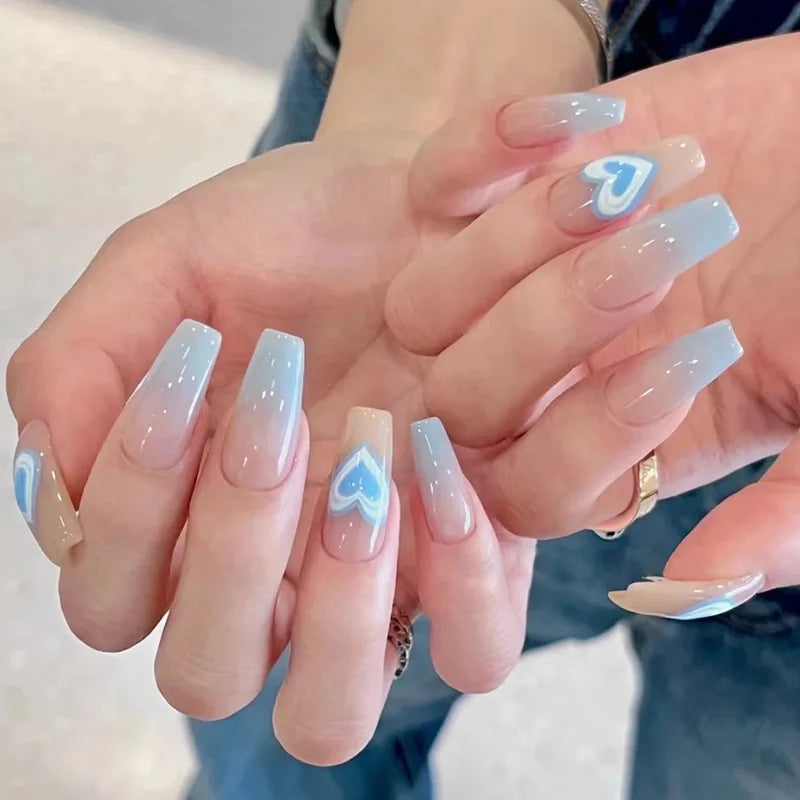 Gradient False nails French Ballerina Fake Nails Stars Blue White Wavy Flowers Nails Full Cover Press on Nails DIY Detachable - - DYAVOR®