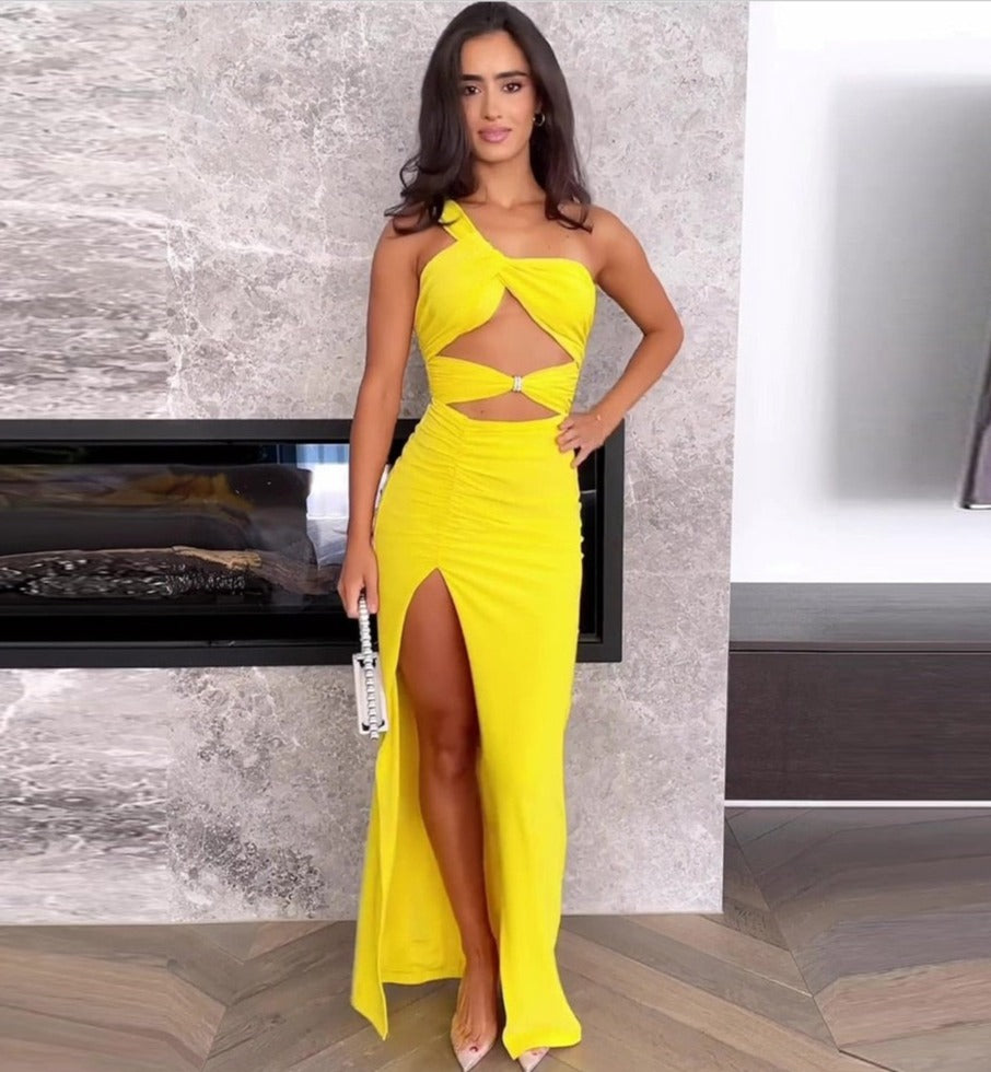 Yellow One-Shoulder Maxi Dress with Cutouts - - DYAVOR®