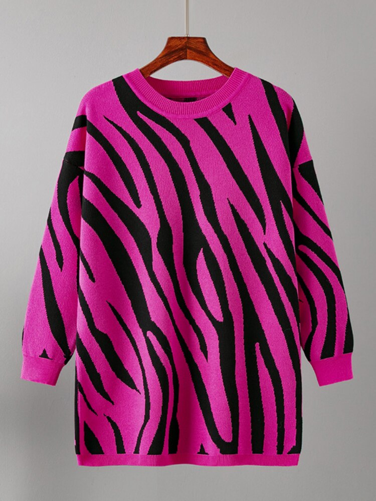 Fashion Woman Blouse 2023 Sweater Autumn Winter New Zebra Pattern Fashion Pullover Round Neck Long Sleeve Top Loose Knitwears - - DYAVOR®