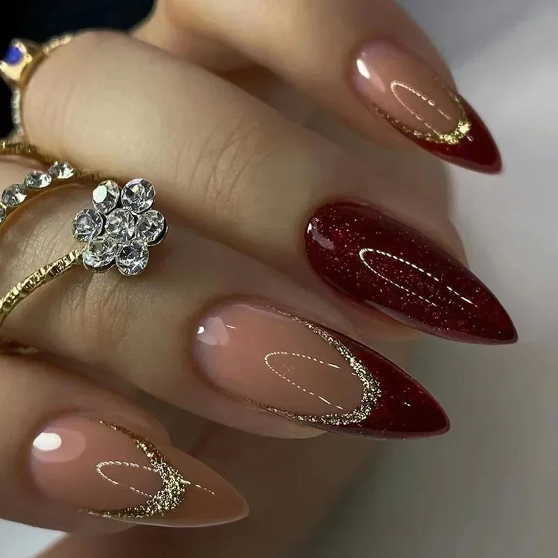 24Pcs Frosting False Nail almond with Golden Glitter Designs French Rhinestone Manicure Stiletto Fake Nails Set Press on Nails