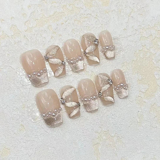 10pcs Nude Cat Eye Handmade False Nails Short French Ballet Ribbon Pearl Design Fake Nail Full Cover Press On Acrylic Nail Tips -  - DYAVOR®