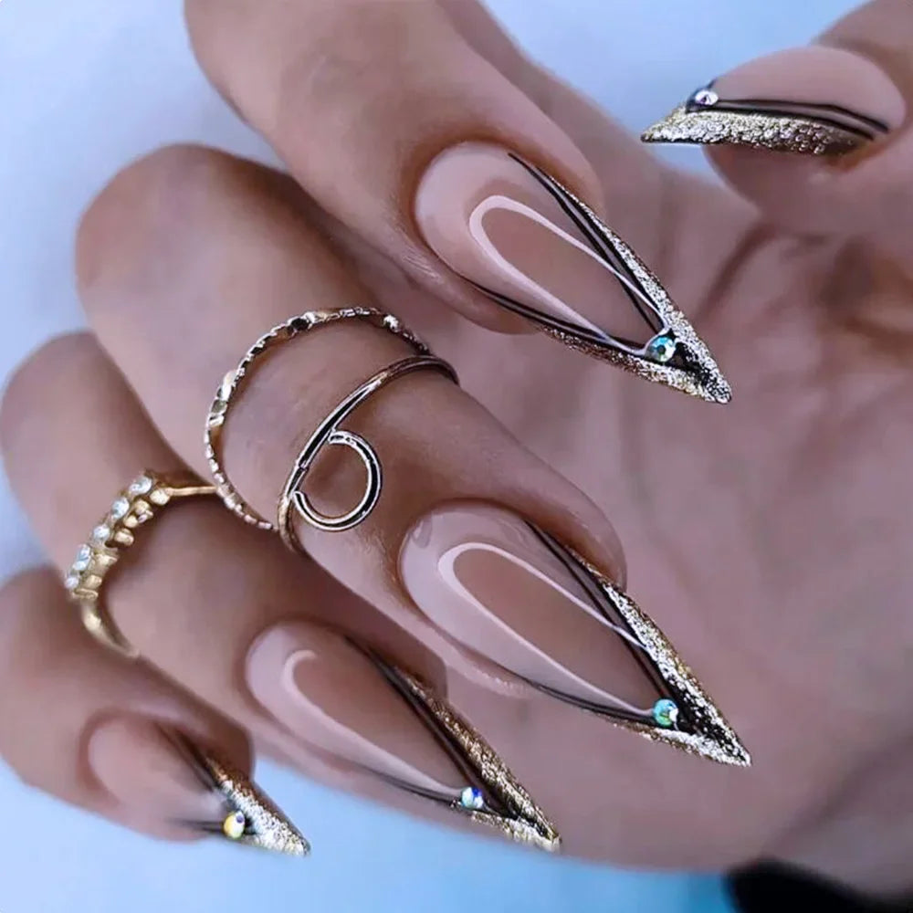 24Pcs Extra Long Stiletto False Nails Pointy French Fake Nails Glitter Detachable Almond Press on Nails Full Cover Nail Tips - - DYAVOR®