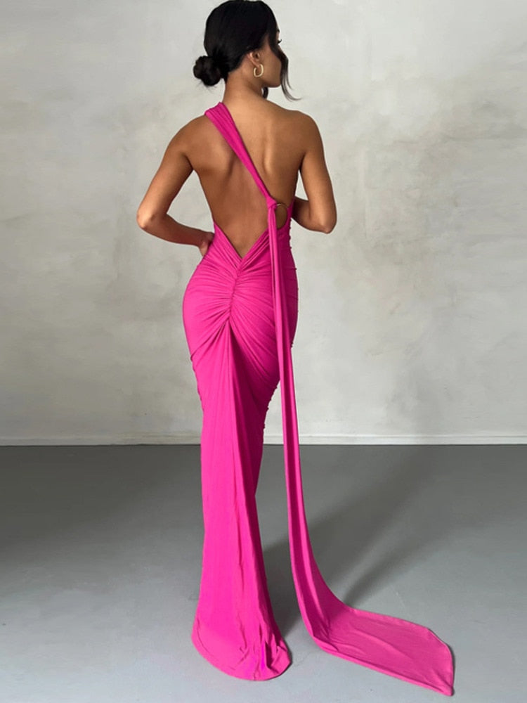 Draped Maxi Dress with Asymmetrical Neckline - - DYAVOR®
