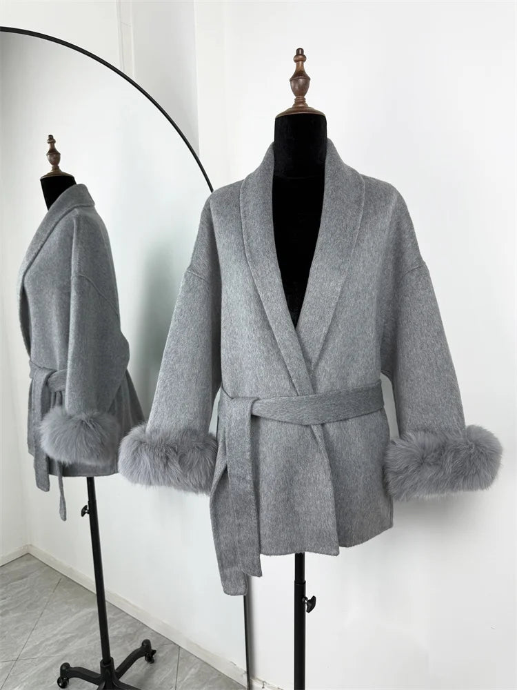 Elegant Fox Fur Wool Overcoat For Women – Short Double-Sided Wool Coat 2025