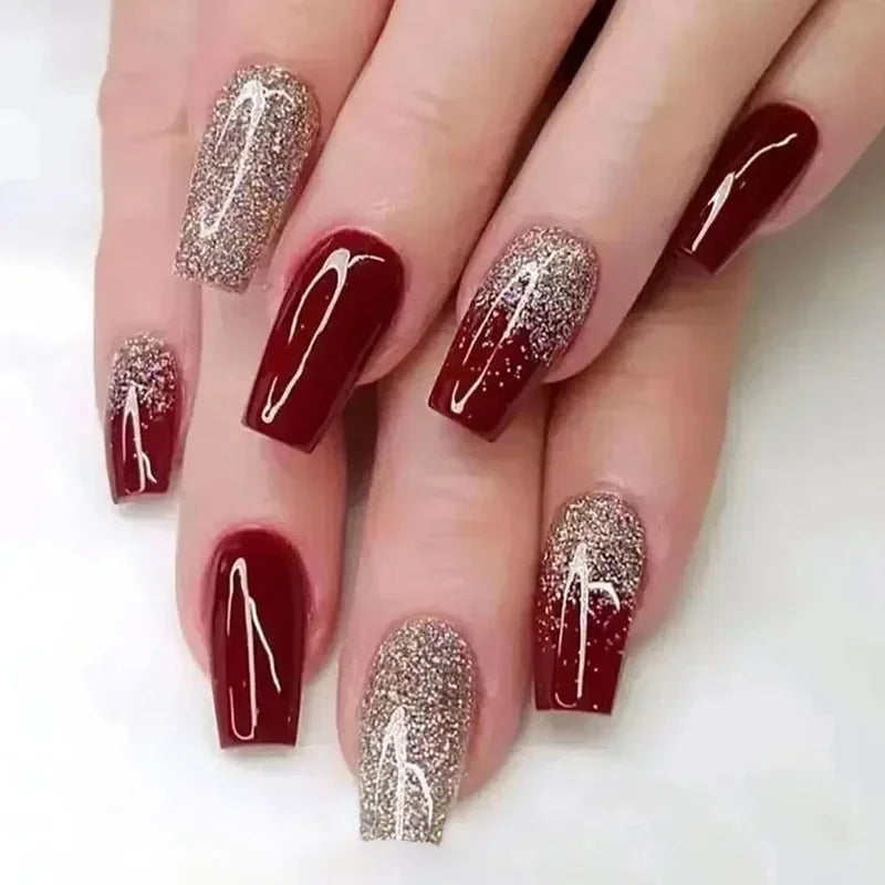 24pcs removeable false nails with glue Gradient Shinny brown coffin glitter Ballet press on nails long full cover fake nails tip - - DYAVOR®
