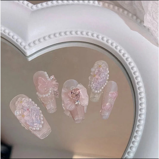 10 Pcs Pearl Love Diamond Bow Dream Fake Nails Pink Nail Patch Beauty Girl Bow Fairy Nail Patch for Women Gift -  - DYAVOR®