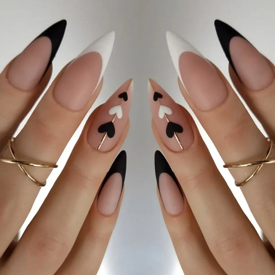 24Pcs Frosting False Nail almond with Golden Glitter Designs French Rhinestone Manicure Stiletto Fake Nails Set Press on Nails