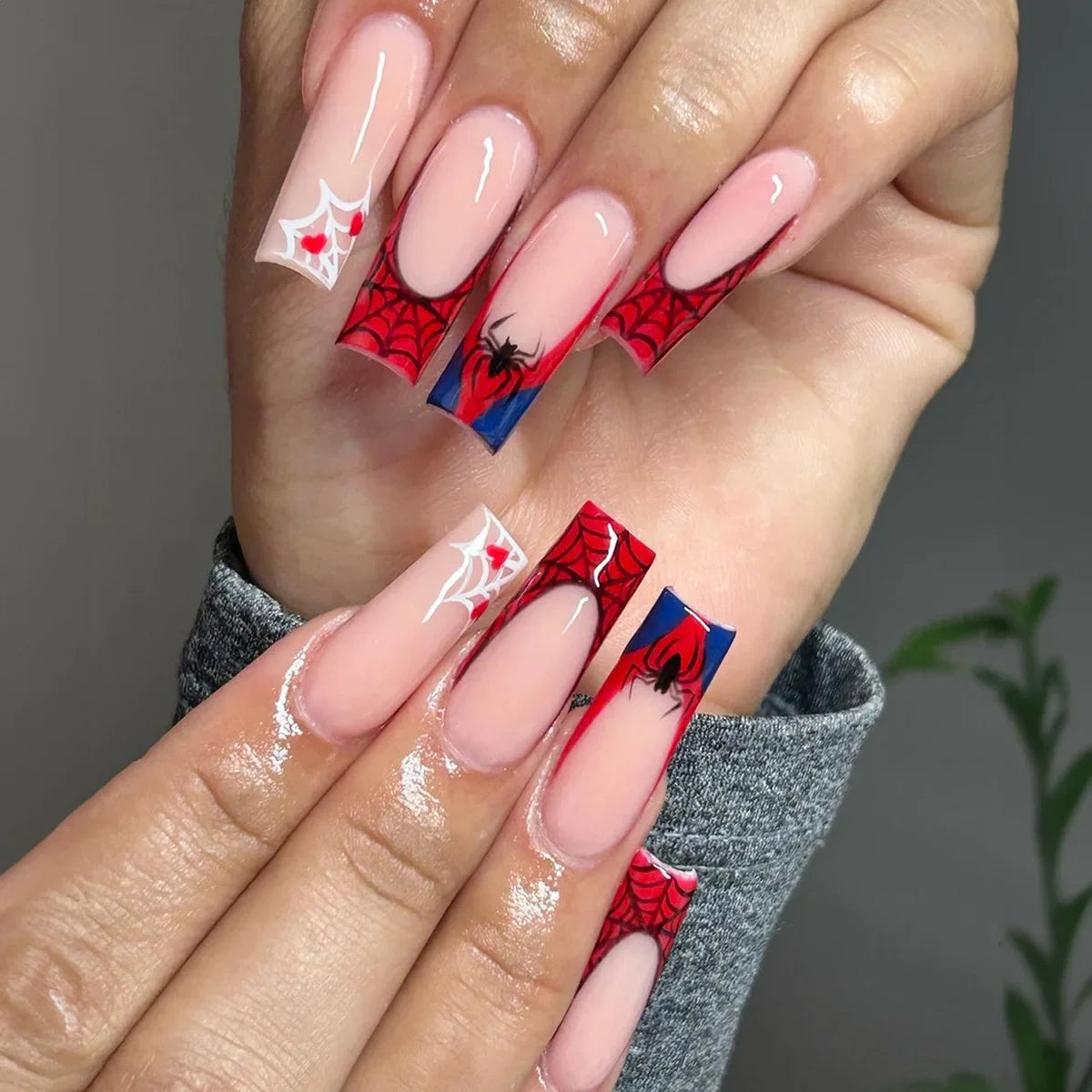 Red Spider Printed False Nail Halloween Nail Art Decor Press on Nails for Girl Gifts Short Round Cool y2k Style Fake Nail Tips - - DYAVOR®
