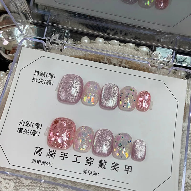 10pcs handmade false nails ballet short glitter pink cat eyes fake nails with glue full cover Nude White press on acrylic nails - - DYAVOR®