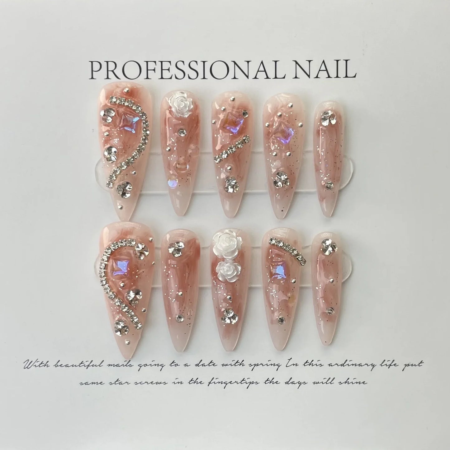 10Pcs Red Handmade Almond Press On Nails Ballerina Flower with Rhinestones Wearable False Nails Decoration Fake Nails Tips Art - - DYAVOR®