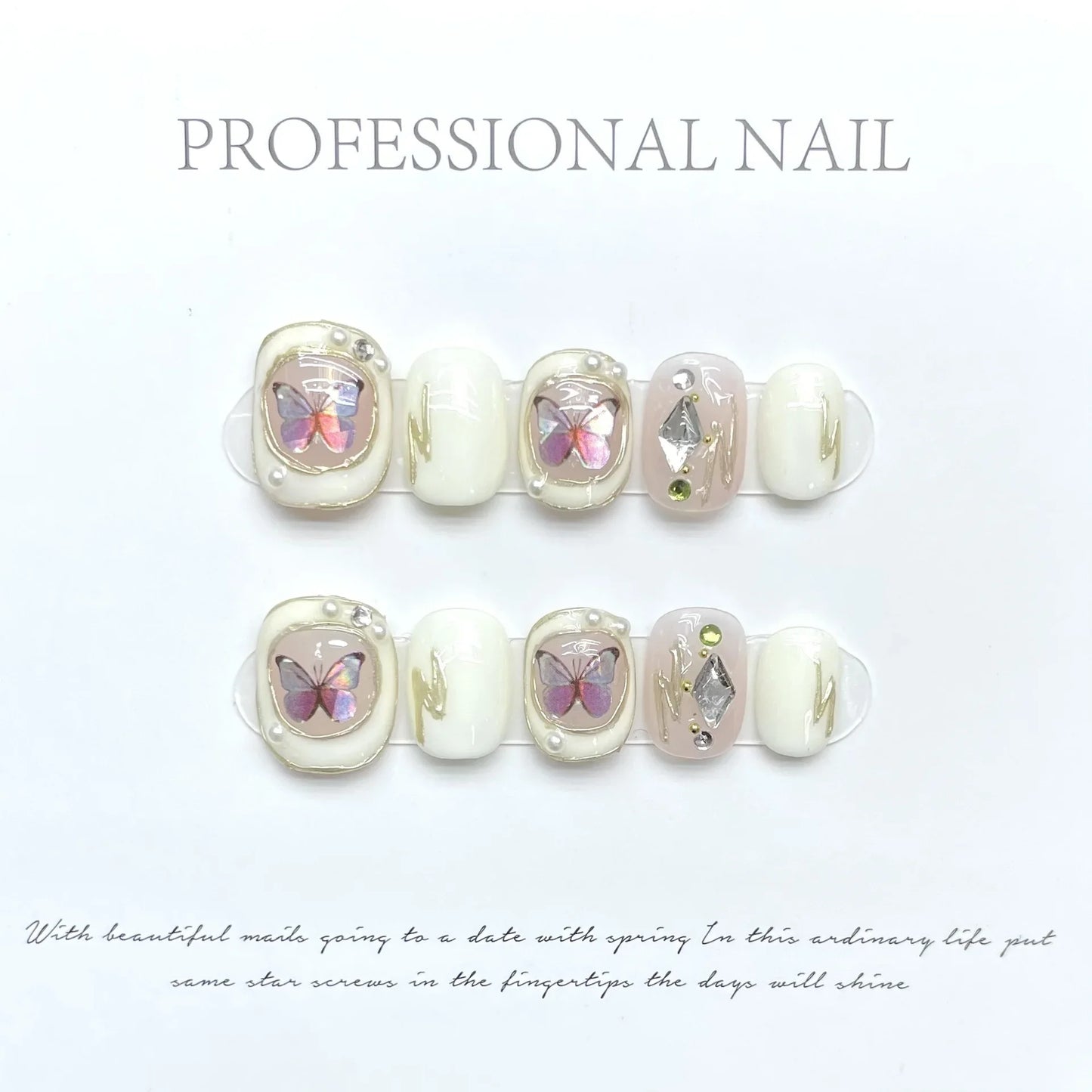 10Pcs Short Handmade Ballet Press on Nails Butterfly Rhinestones Heart Wearable False Nails Decoration Full Cover Nail Tips Art - - DYAVOR®
