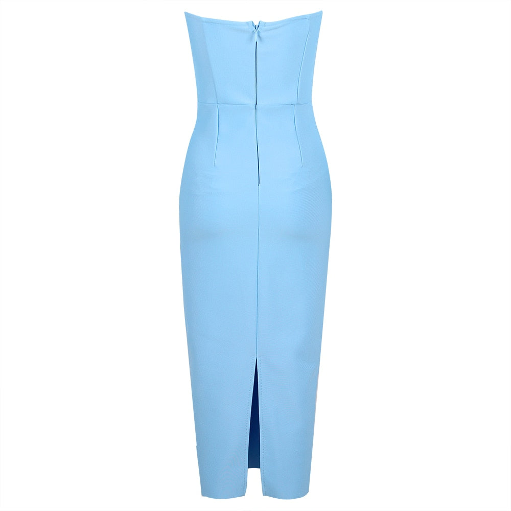 Sky Blue Midi Dress with Open Shoulders - - DYAVOR®