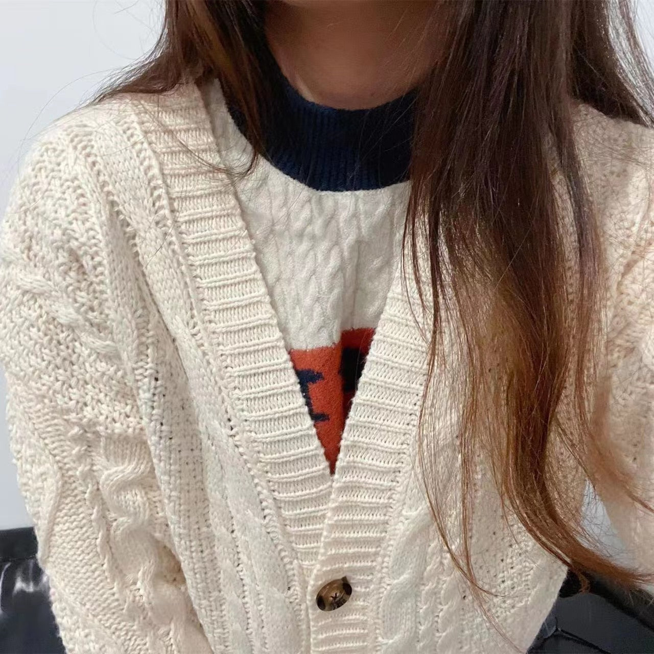 Beige Star Cute College Single Breasted Sweater Women 2022 Autumn Korean Woman Sweaters Contrast Color V-neck Knitted Cardigan - - DYAVOR®