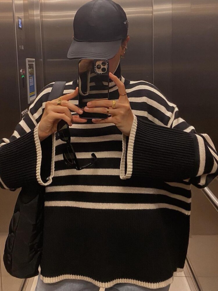 2022 Autumn New Women's High Collar Knitted Sweater Striped Slit Pullover Oversized Sweater Winter Clothes Women Thick Sweaters - - DYAVOR®