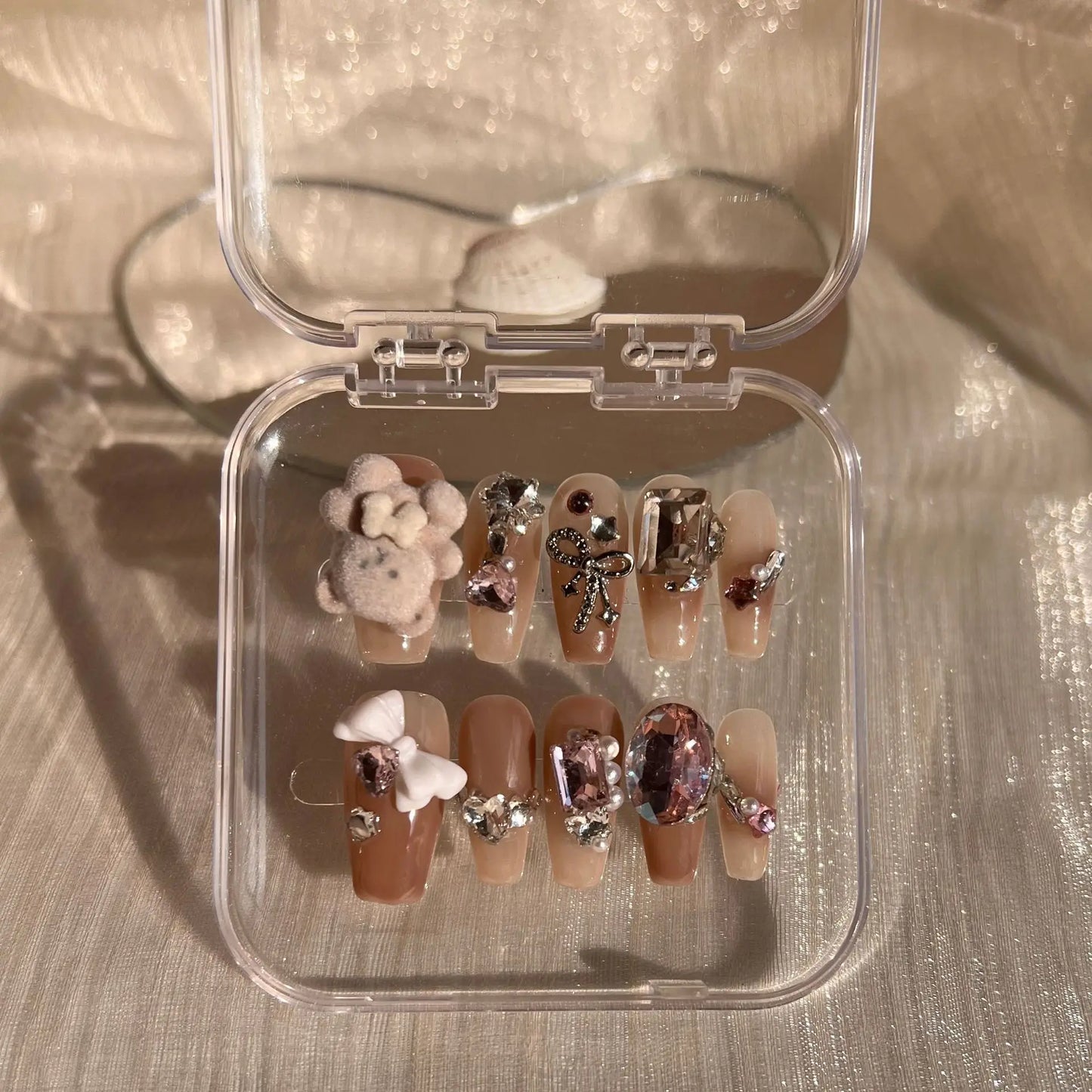 10pcs Handmade short french artificial nails cat eyes shiny rhinestones full cover press on nails ballet false nails with glue - - DYAVOR®