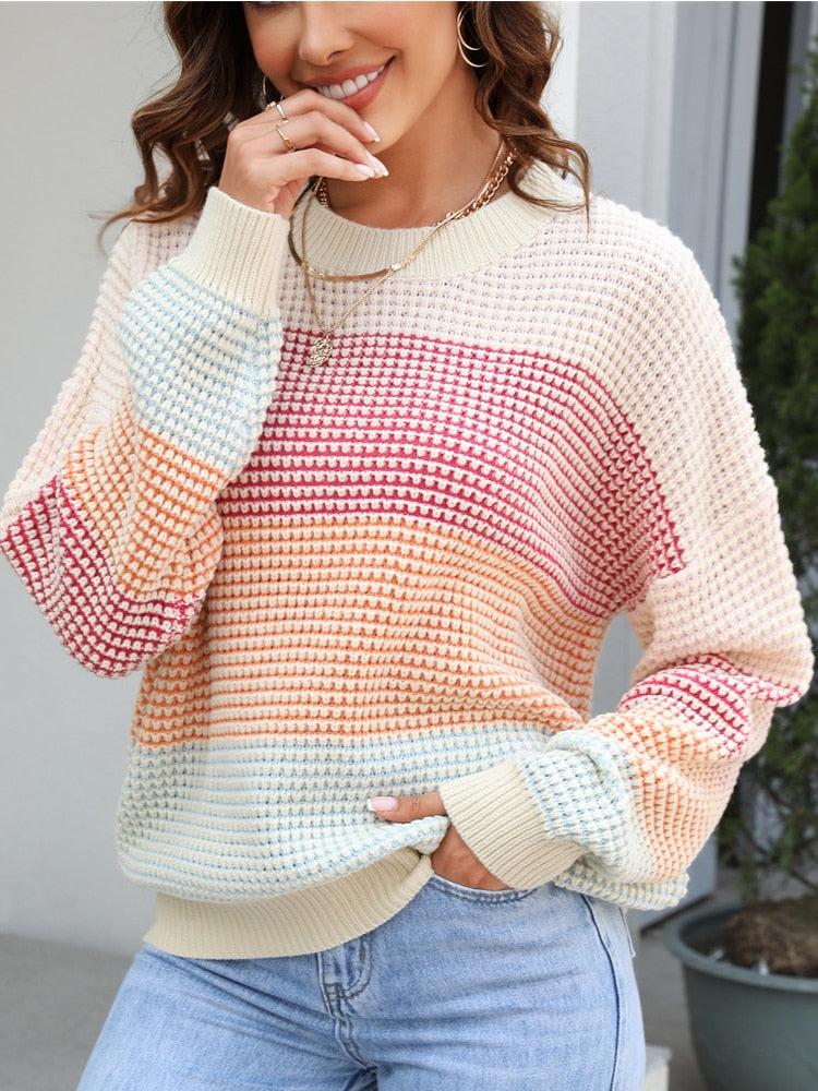 Women's Sweater New Casual Loose Sweater Round Neck Contrast Knit Pullover Women's Long Sleeve Top 2023 Autumn Winter Knitwear - - DYAVOR®