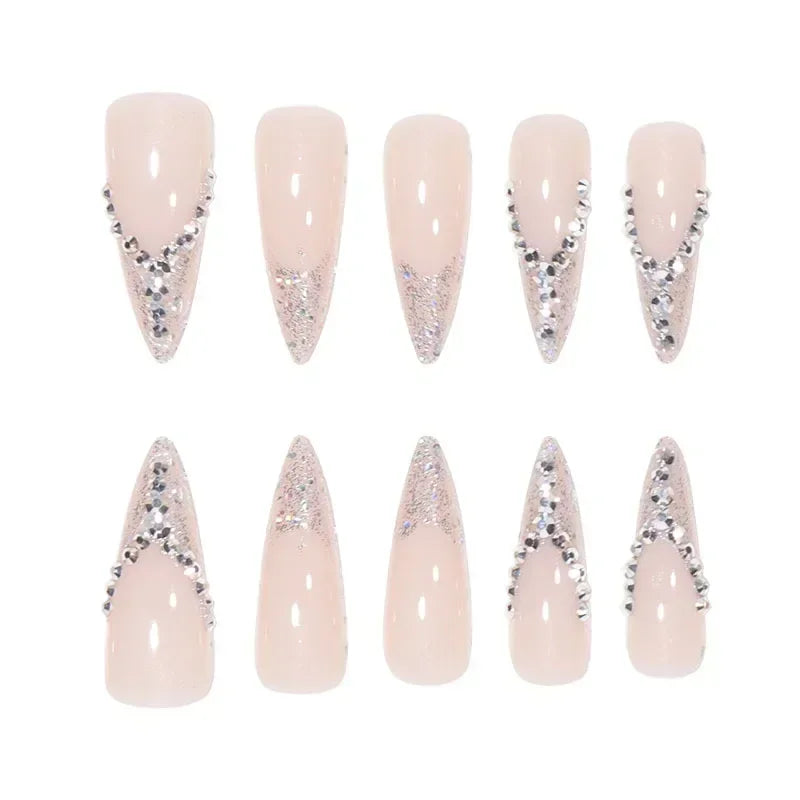 24Pcs French Almond False Nails Glitter with Rhinestones Wearable Fake Nails Artificial Simple Full Cover Press on Nails Tips - - DYAVOR®