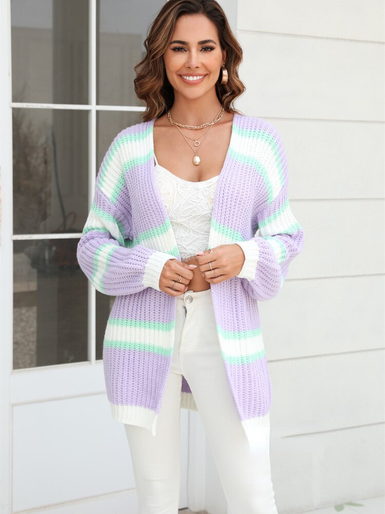Fashion Women Sweaters 2023 Autumn Winter New Fashion Spliced Knitted Cardigan Stripe Long Sleeve Female Sweater Streetwear Tops - - DYAVOR®