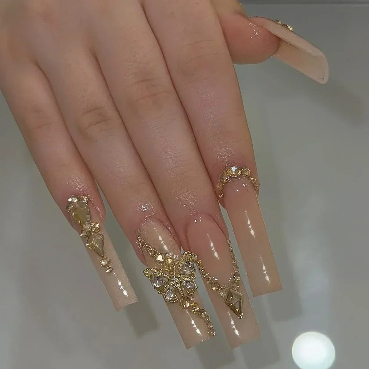 24Pcs Pink Bow Design False Nails Long Ballet Press on Nails with Pearl Wearable Coffin Fake Nails French Square Finger Nail - - DYAVOR®