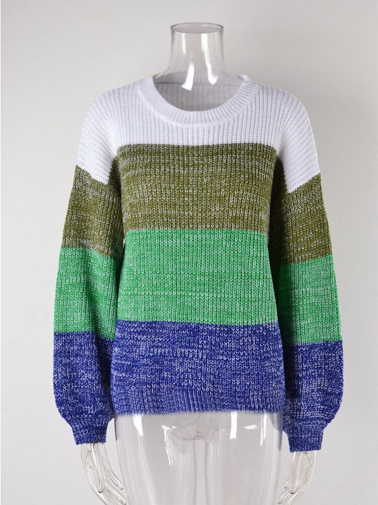 Fashion Woman Blouse 2023 Patchwork Contrast Loose Sweater Pullover Stylish Casual Crewneck Knitted Jumper Streetwear Knitwear - - DYAVOR®