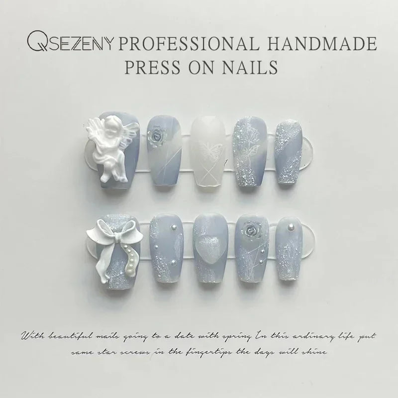 10Pcs Blue Handmade Press On Nails Set Ballet Wearable Artificial False Nails Decoration Nail Art Manicure Fake Nails Tips Art - - DYAVOR®