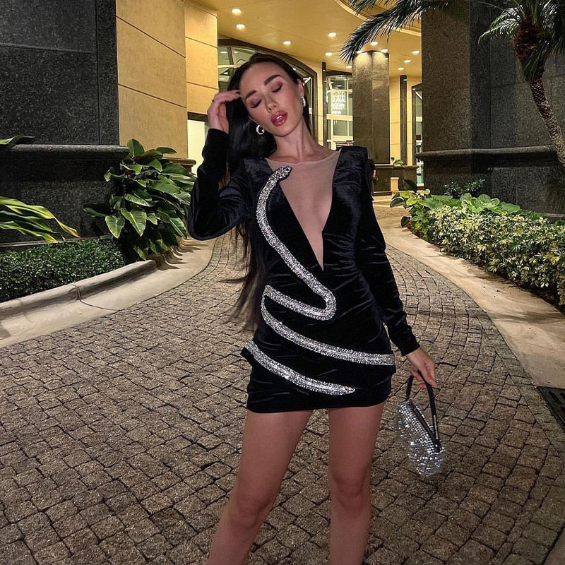 Black Velvet Mini Bodycon Dress - - DYAVOR®