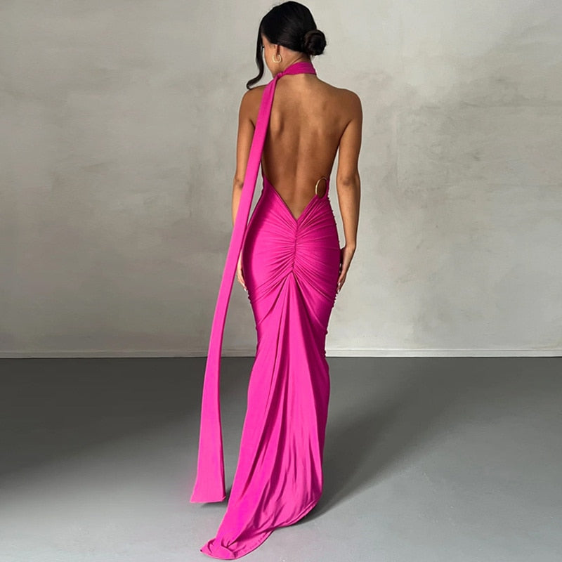 Draped Maxi Dress with Asymmetrical Neckline - - DYAVOR®