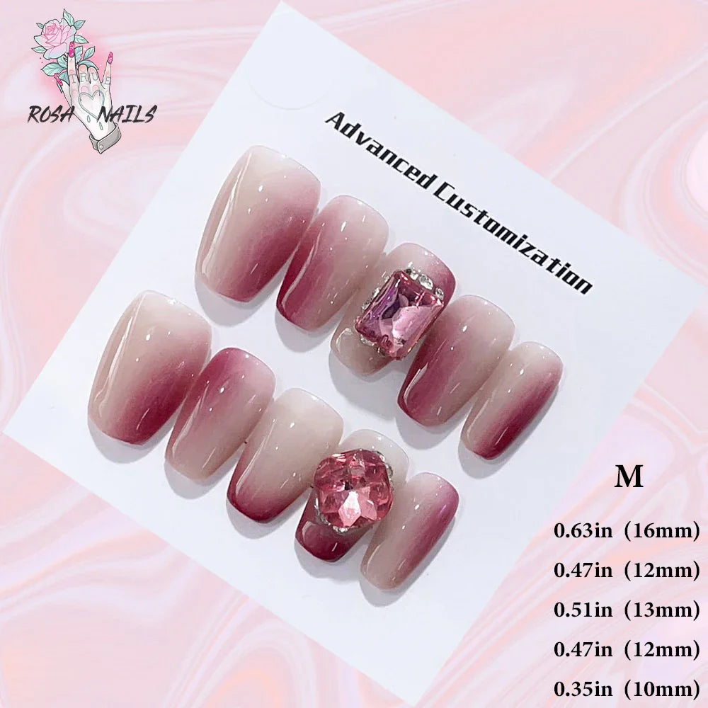 Cute Strawberry Pink Short Handmade Press on Nails Wholesale Kawaii Bows Pressons Bulk Full Cover Square Acrylic False Nail Tips