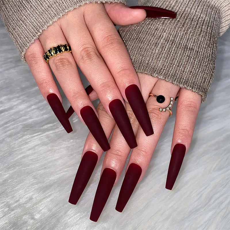 wearable full cover long ballet French coffin white False Nails with glue matte red black pink white artificial nails press on - - DYAVOR®