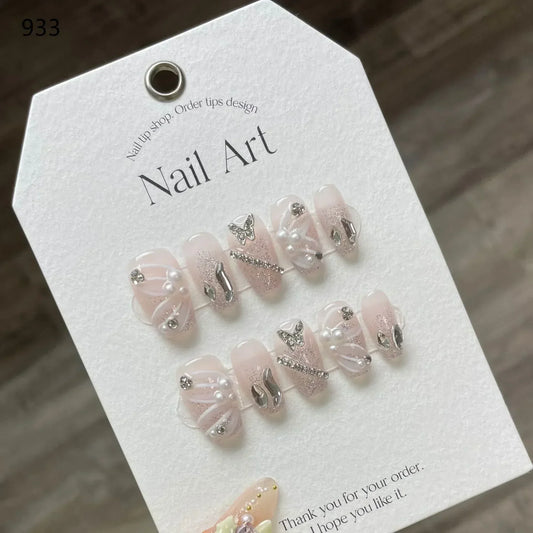10Pcs Pink French Y2k Nail Tips Long Ballet Handmade Fake Nail Wearable False Nails with Rhinestone Press on Nails Manicure -  - DYAVOR®