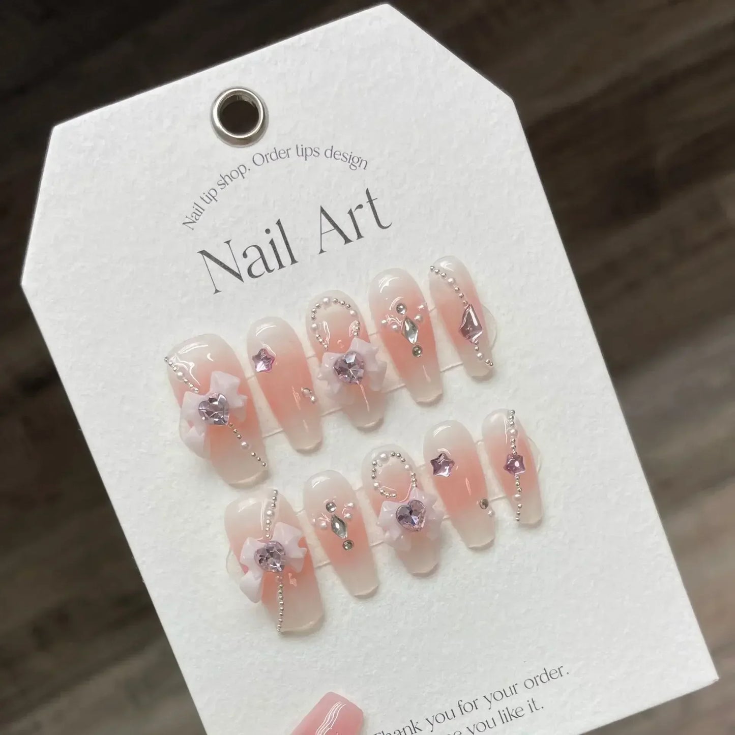 10pcs removeable ballet press on acrylic nails full cover gradient pink false nails with 3D charms handmade stick on nails long - - DYAVOR®