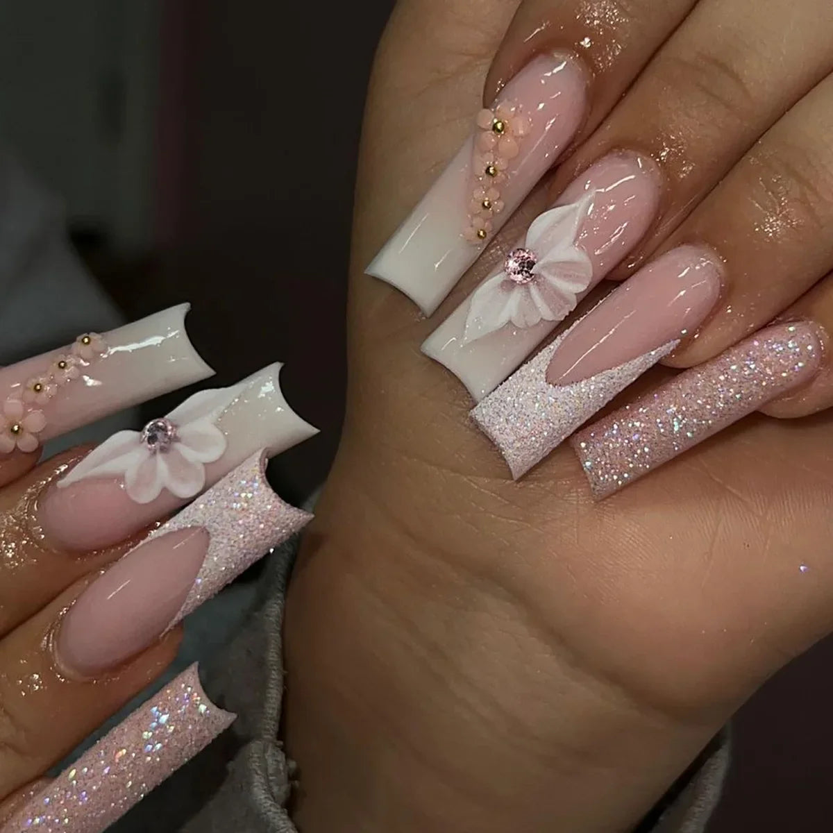 24Pcs Pink Bow Design False Nails Long Ballet Press on Nails with Pearl Wearable Coffin Fake Nails French Square Finger Nail - - DYAVOR®