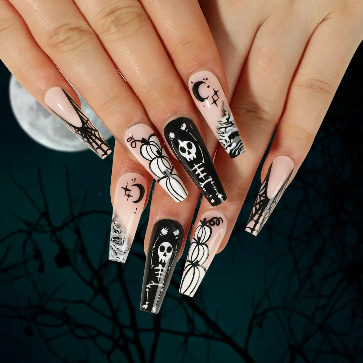 24Pcs Long Coffin False Nails Glitter Fake Nail with Rhinestones Press on Nails Full Cover Nail Tips Detachable Fake Fingernails