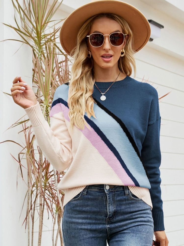New Autumn Winter 2022 Women's Diagonal Stripe Casual Knit Pullover Round Neck Fashion Women's Long Sleeve Pullover Sweater Tops - - DYAVOR®