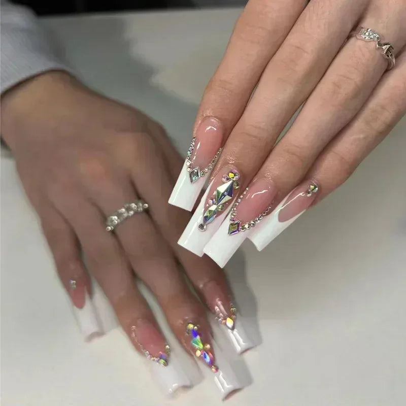 24Pcs Pink Bow Design False Nails Long Ballet Press on Nails with Pearl Wearable Coffin Fake Nails French Square Finger Nail