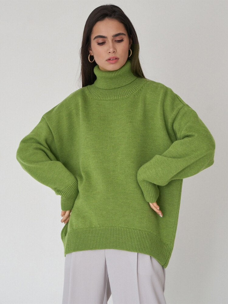 Solid Color High Neck Sweater Autumn Winter Loose Knit Pullover Women's Long Sleeve Top Versatile Classic Winter Clothes Women - - DYAVOR®